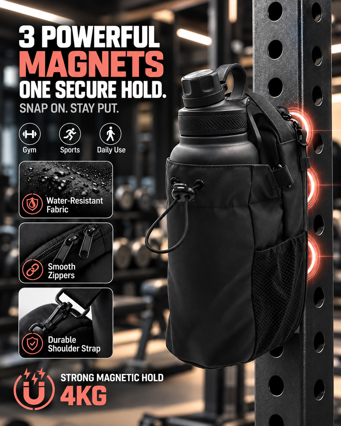 LIFTSTOW bag with reinforced three-magnet design attached to gym equipment
