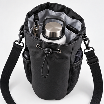 Open black water bottle holder bag showing bottle compartment, inner pockets and key clip