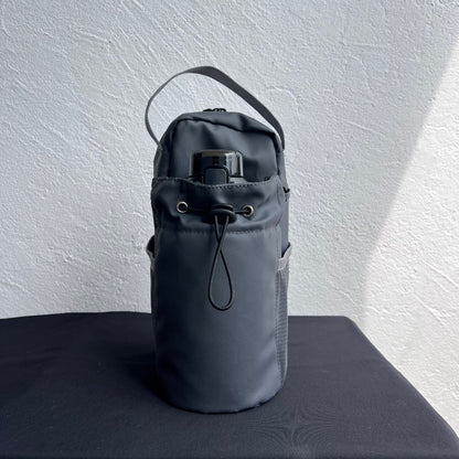 Gray water bottle holder bag with front drawstring pocket