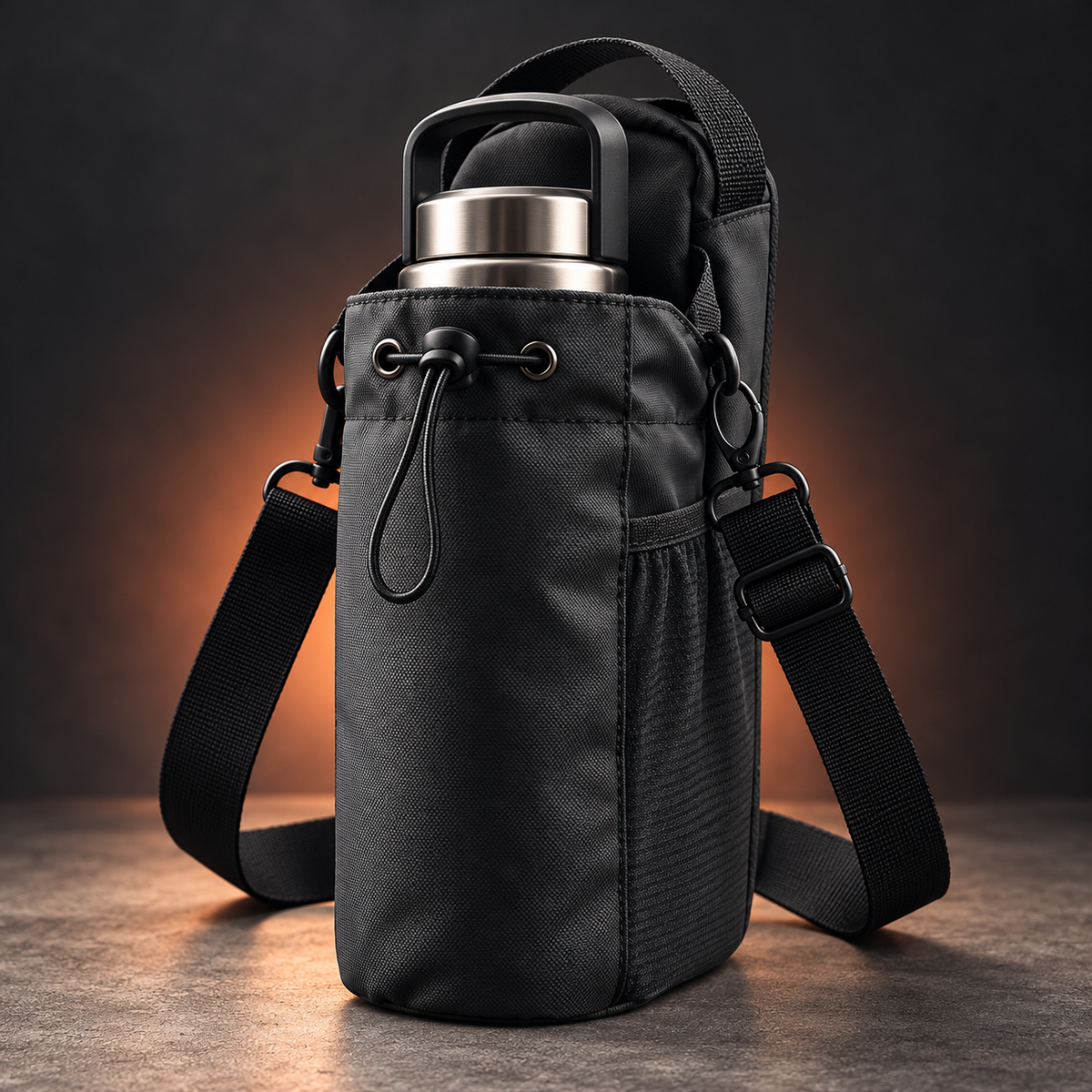 Black magnetic gym water bottle holder bag with stainless steel bottle