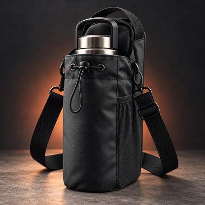Black magnetic gym water bottle holder bag with stainless steel bottle