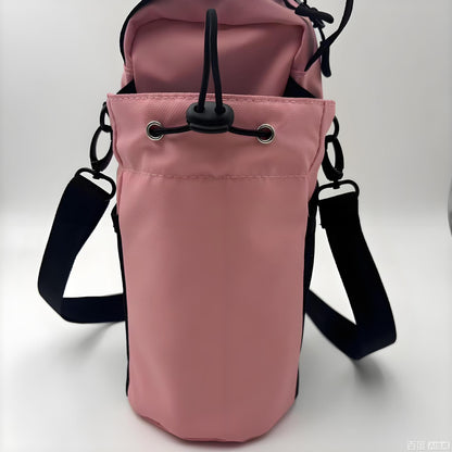 Pink water bottle holder bag with drawstring closure and shoulder straps