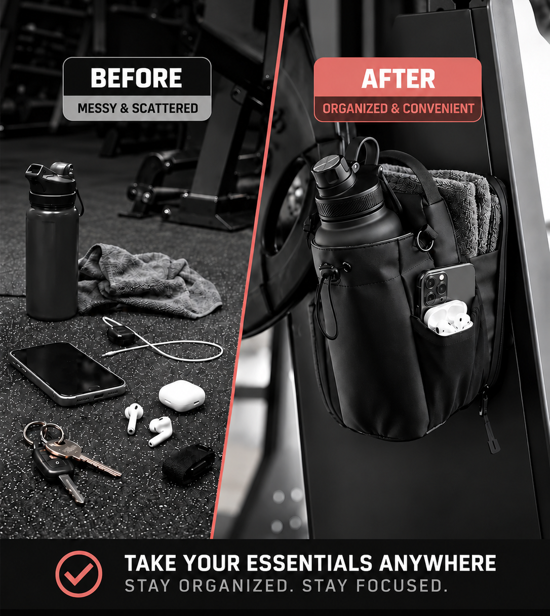 Before and after comparison showing gym essentials organized in the LIFTSTOW bag